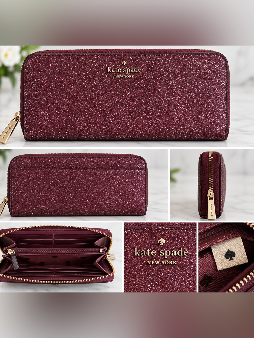 Kate Spade New York Glitter Zip Around Continental Wallet Burgundy Plum Gold